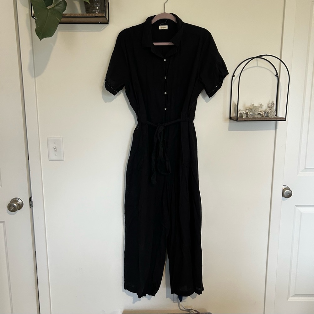 World Market Black Cotton Linen Blend Button Front Short‎ Sleeve Jumpsuit L/XL
